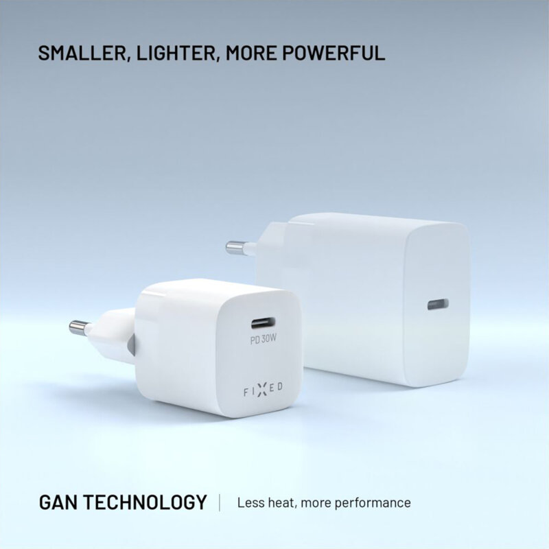 Incarcator GaN Type-C + cablu Fixed, 30W, alb, FIXCG30M-CC-WH