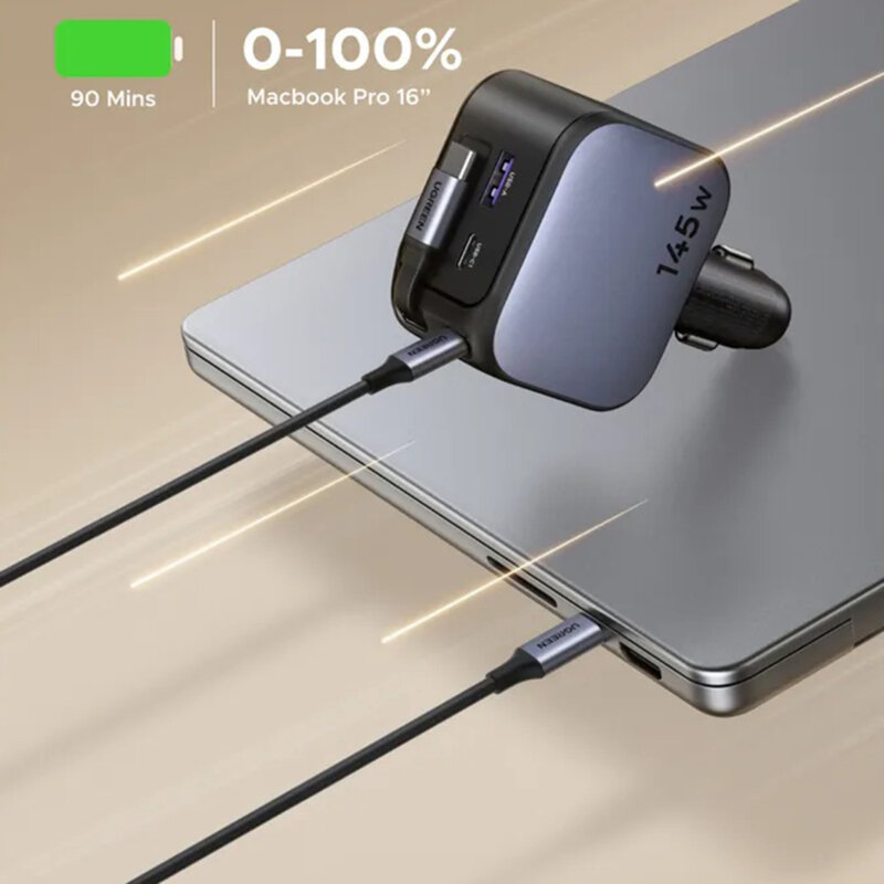 Incarcator auto cu cablu retractabil 145W, Ugreen 55910B, negru