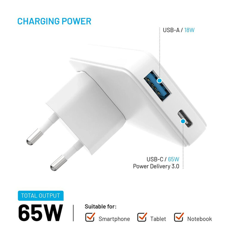 Incarcator GaN PD3.0 USB, Type-C Fixed, 65W, FIXCG65S-CUD-WH