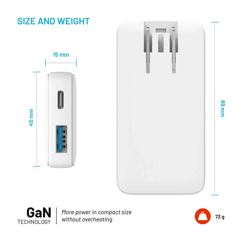 Incarcator GaN PD3.0 USB, Type-C Fixed, 65W, FIXCG65S-CUD-WH