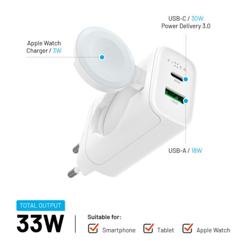 Incarcator USB, tip C + incarcator Apple Watch Fixed, 33W, FIXC33-CUW-WH, alb