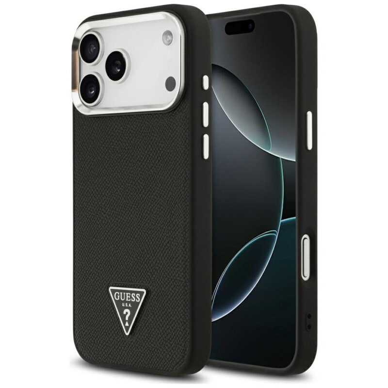 Husa originala Guess iPhone 17 Pro Max Grained Triangle Logo MagSafe, negru, GUHMP17XPGTSPSK
