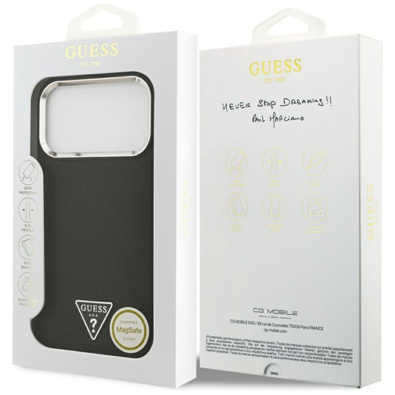 Husa originala Guess iPhone 17 Pro Max Grained Triangle Logo MagSafe, negru, GUHMP17XPGTSPSK