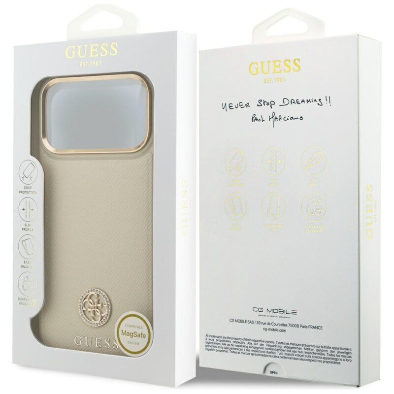 Husa originala Guess iPhone 17 Pro Max Grained Strass Logo MagSafe, bej, GUHMP17XPGCRMDEE