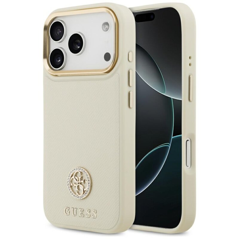 Husa originala Guess iPhone 17 Pro Grained Strass Logo MagSafe, bej, GUHMP17LPGCRMDEE