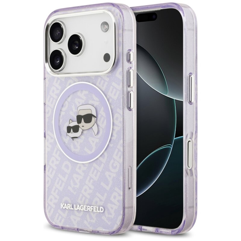 Husa iPhone 17 Pro Max Karl Lagerfeld IML Glitter K&C Heads Logo MagSafe, mov, KLHMP17XHMKBKCHOU