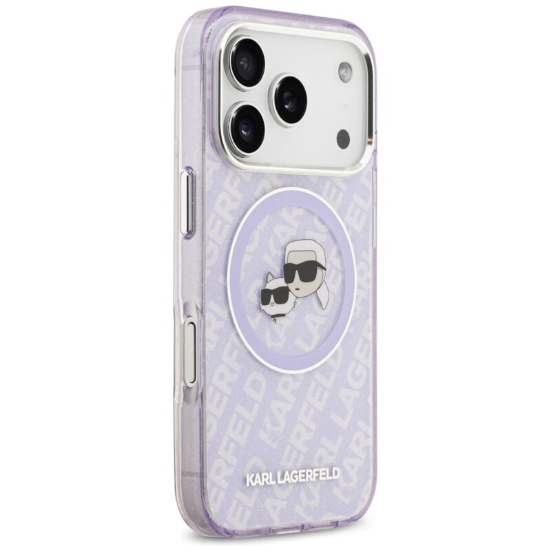 Husa iPhone 17 Pro Max Karl Lagerfeld IML Glitter K&C Heads Logo MagSafe, mov, KLHMP17XHMKBKCHOU
