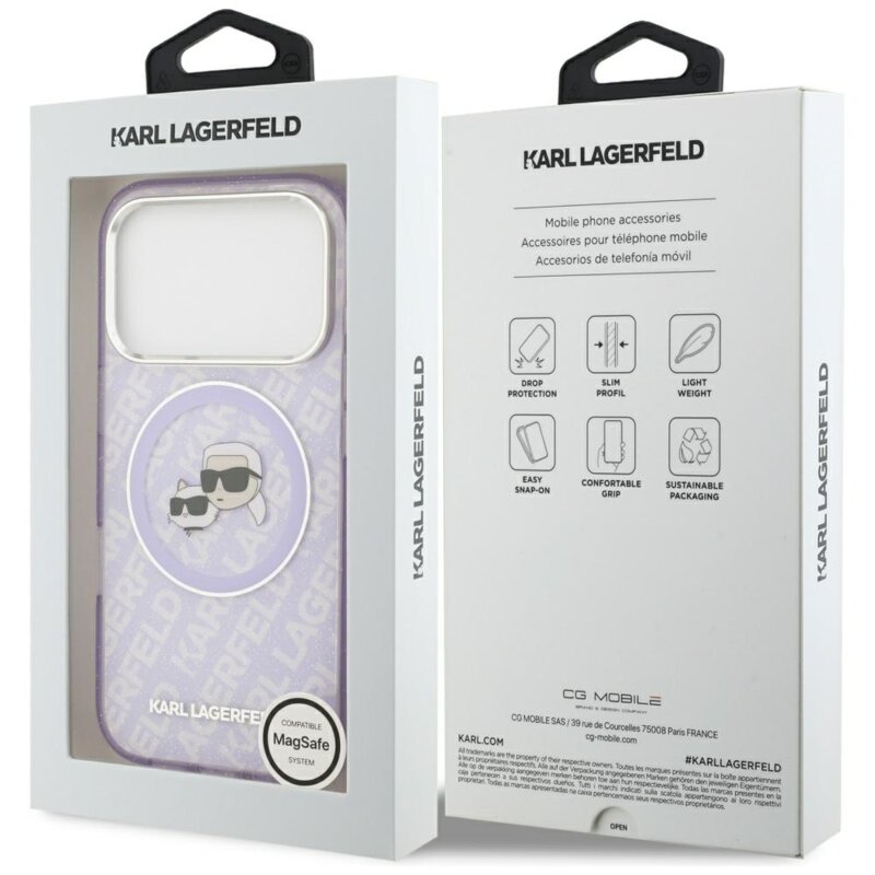 Husa iPhone 17 Pro Karl Lagerfeld IML Glitter K&C Heads Logo MagSafe, mov, KLHMP17LHMKBKCHOU
