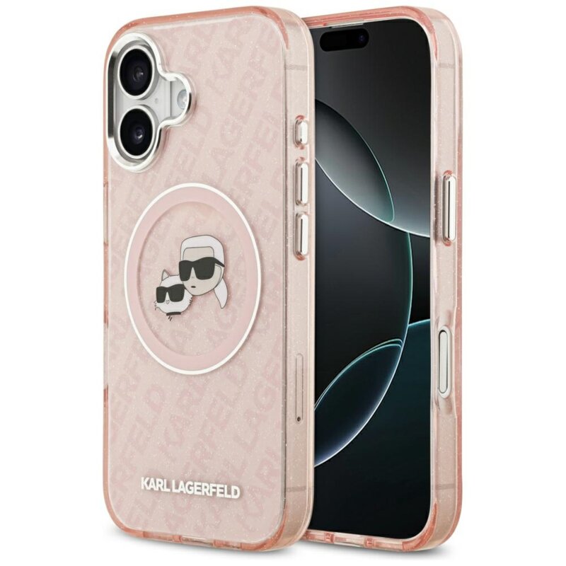 Husa iPhone 17 Karl Lagerfeld IML Glitter K&C Heads Logo MagSafe, roz, KLHMP17SHMKBKCHOP