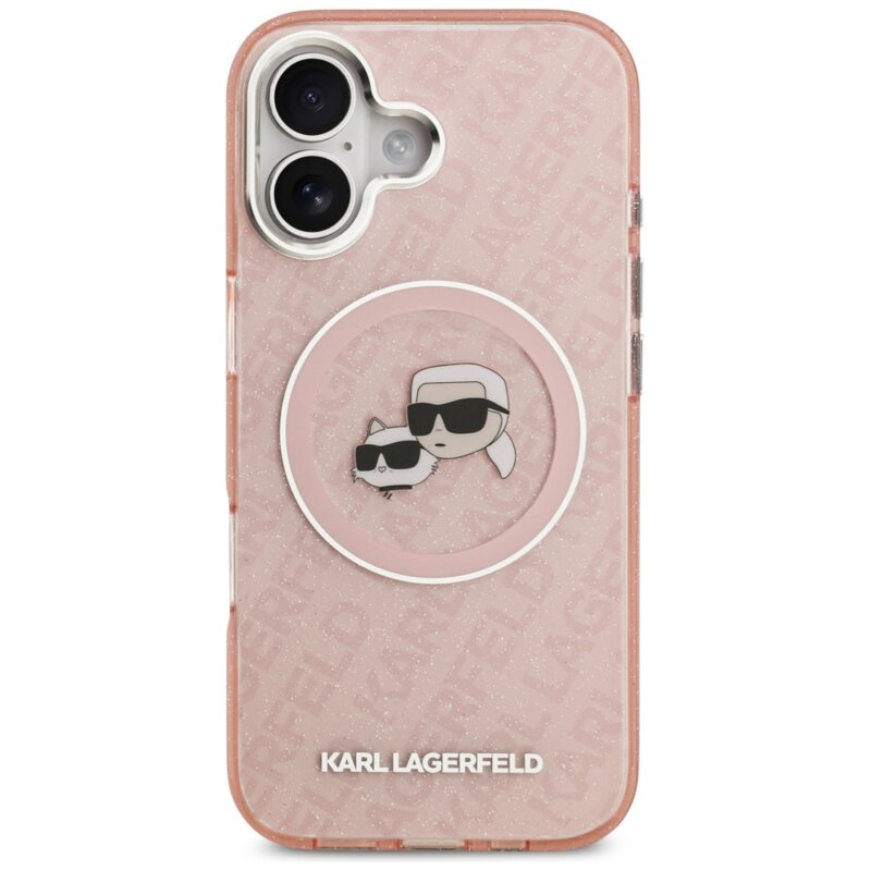 Husa iPhone 17 Karl Lagerfeld IML Glitter K&C Heads Logo MagSafe, roz, KLHMP17SHMKBKCHOP