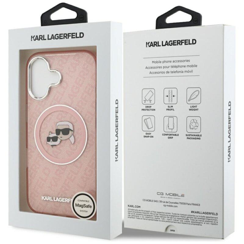 Husa iPhone 17 Karl Lagerfeld IML Glitter K&C Heads Logo MagSafe, roz, KLHMP17SHMKBKCHOP