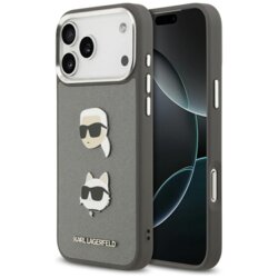 Husa iPhone 17 Pro Max Karl Lagerfeld Hardcase Grained K&C Heads Pins and Logo, gri, KLHCP17XPSFDHPOG