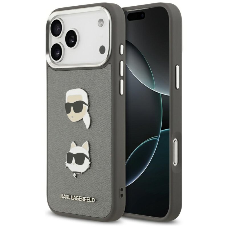 Husa iPhone 17 Pro Max Karl Lagerfeld Hardcase Grained K&C Heads Pins and Logo, gri, KLHCP17XPSFDHPOG