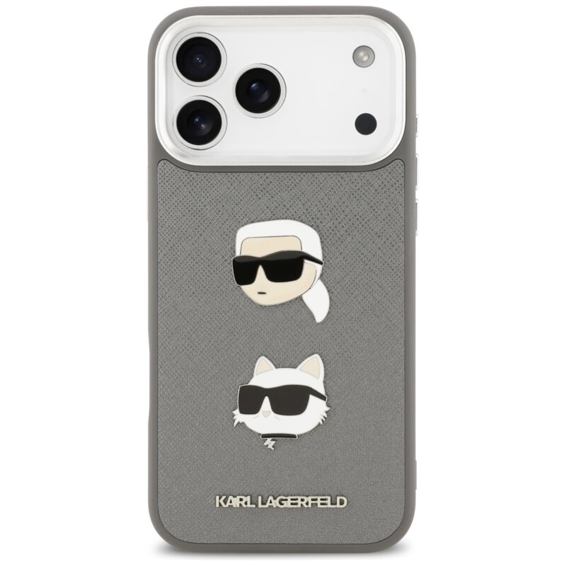 Husa iPhone 17 Pro Max Karl Lagerfeld Hardcase Grained K&C Heads Pins and Logo, gri, KLHCP17XPSFDHPOG