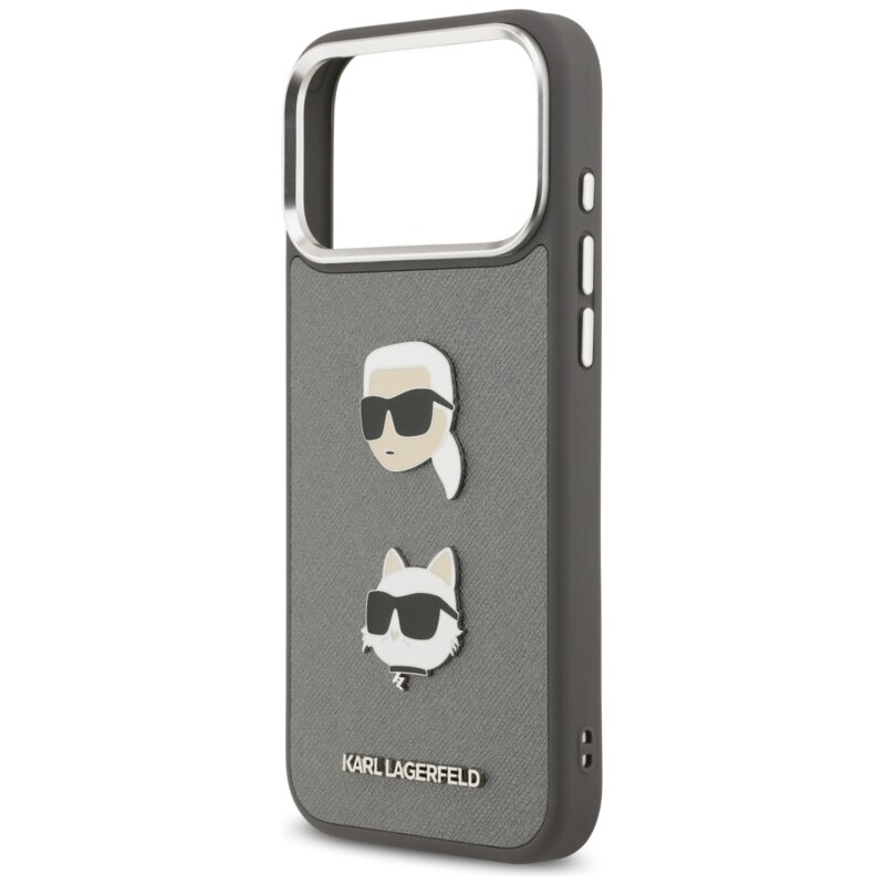 Husa iPhone 17 Pro Max Karl Lagerfeld Hardcase Grained K&C Heads Pins and Logo, gri, KLHCP17XPSFDHPOG