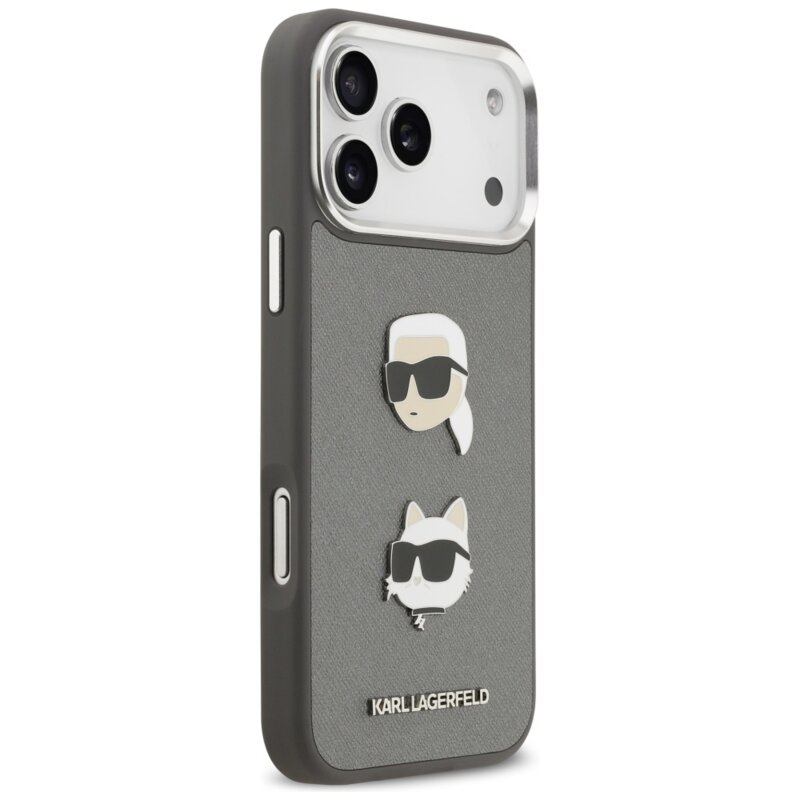 Husa iPhone 17 Pro Max Karl Lagerfeld Hardcase Grained K&C Heads Pins and Logo, gri, KLHCP17XPSFDHPOG