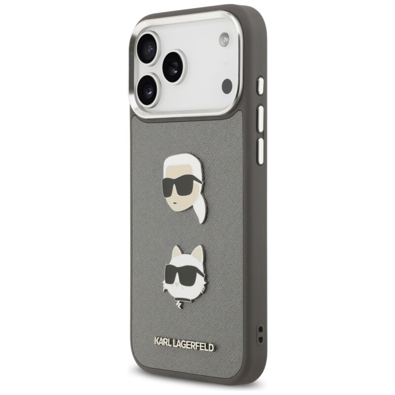 Husa iPhone 17 Pro Max Karl Lagerfeld Hardcase Grained K&C Heads Pins and Logo, gri, KLHCP17XPSFDHPOG