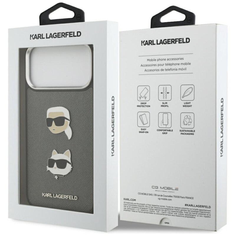 Husa iPhone 17 Pro Max Karl Lagerfeld Hardcase Grained K&C Heads Pins and Logo, gri, KLHCP17XPSFDHPOG