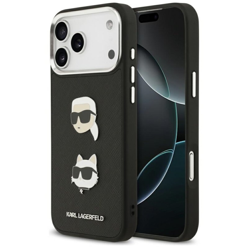 Husa iPhone 17 Pro Max Karl Lagerfeld Hardcase Grained K&C Heads Pins and Logo, negru, KLHCP17XPSFDHPOK