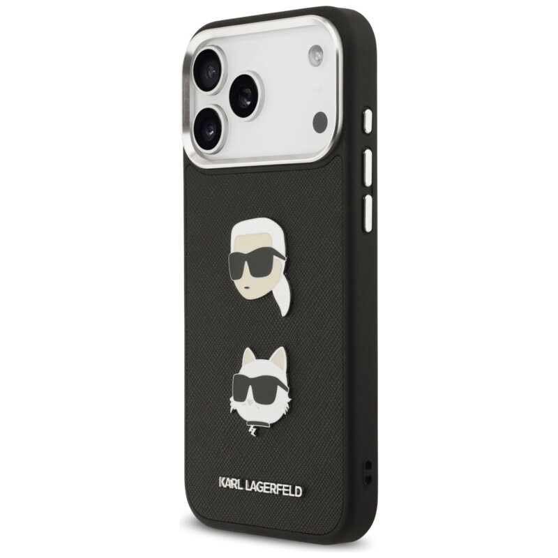 Husa iPhone 17 Pro Max Karl Lagerfeld Hardcase Grained K&C Heads Pins and Logo, negru, KLHCP17XPSFDHPOK