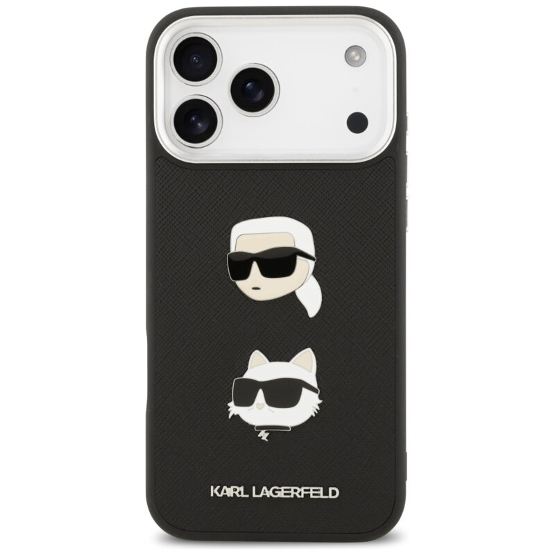 Husa iPhone 17 Pro Max Karl Lagerfeld Hardcase Grained K&C Heads Pins and Logo, negru, KLHCP17XPSFDHPOK
