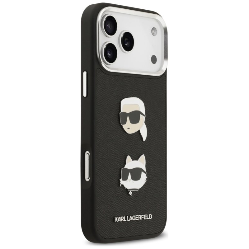 Husa iPhone 17 Pro Max Karl Lagerfeld Hardcase Grained K&C Heads Pins and Logo, negru, KLHCP17XPSFDHPOK