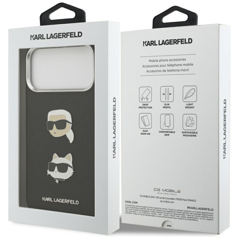 Husa iPhone 17 Pro Max Karl Lagerfeld Hardcase Grained K&C Heads Pins and Logo, negru, KLHCP17XPSFDHPOK