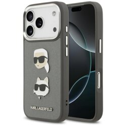 Husa iPhone 17 Pro Karl Lagerfeld Hardcase Grained K&C Heads Pins and Logo, gri, KLHCP17LPSFDHPOG