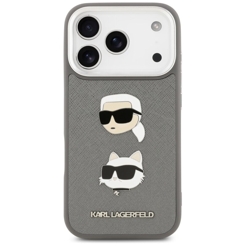 Husa iPhone 17 Pro Karl Lagerfeld Hardcase Grained K&C Heads Pins and Logo, gri, KLHCP17LPSFDHPOG