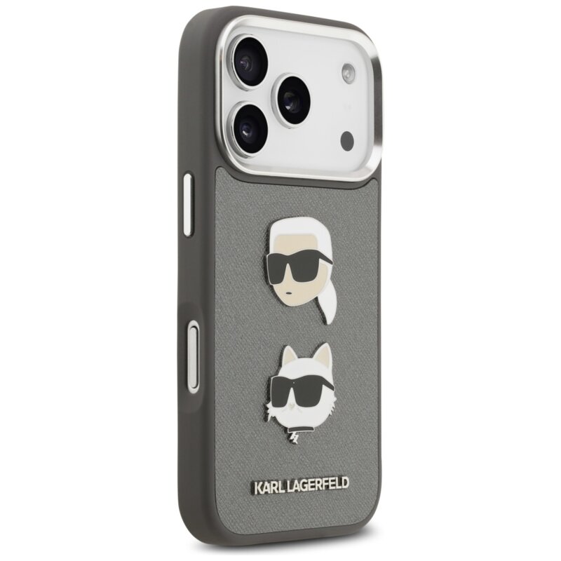 Husa iPhone 17 Pro Karl Lagerfeld Hardcase Grained K&C Heads Pins and Logo, gri, KLHCP17LPSFDHPOG
