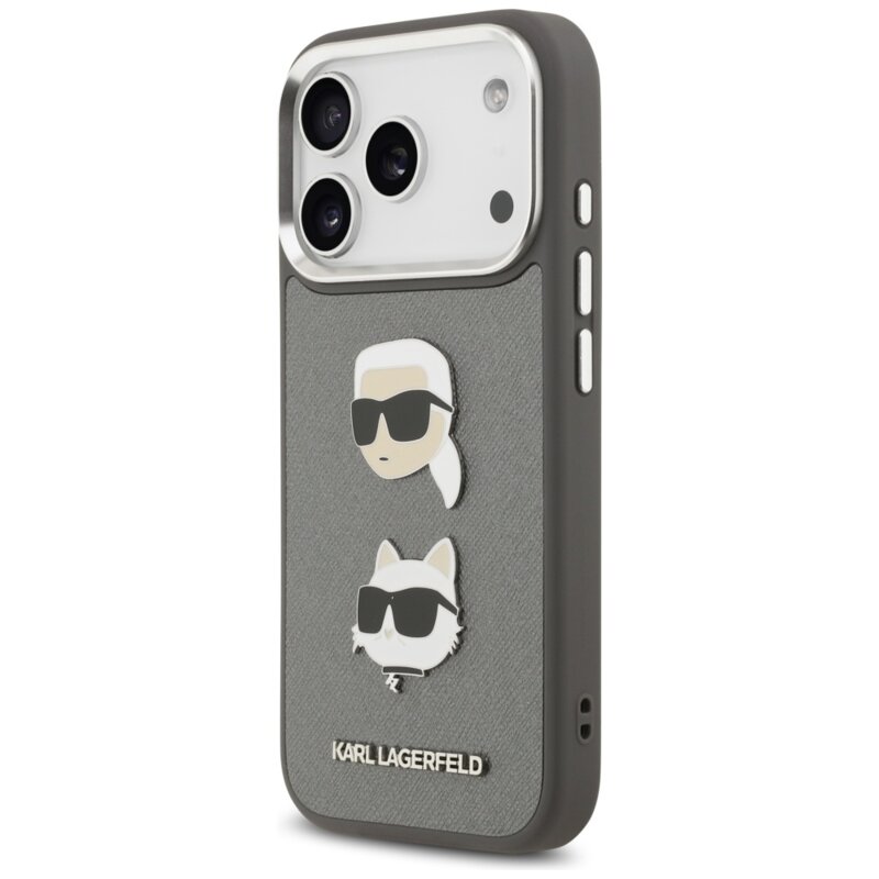 Husa iPhone 17 Pro Karl Lagerfeld Hardcase Grained K&C Heads Pins and Logo, gri, KLHCP17LPSFDHPOG