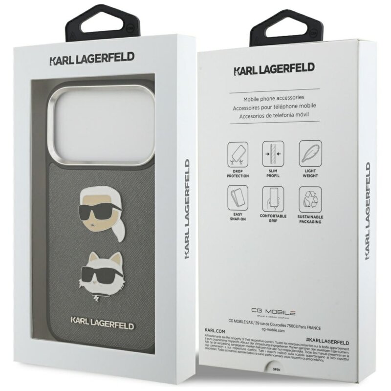 Husa iPhone 17 Pro Karl Lagerfeld Hardcase Grained K&C Heads Pins and Logo, gri, KLHCP17LPSFDHPOG
