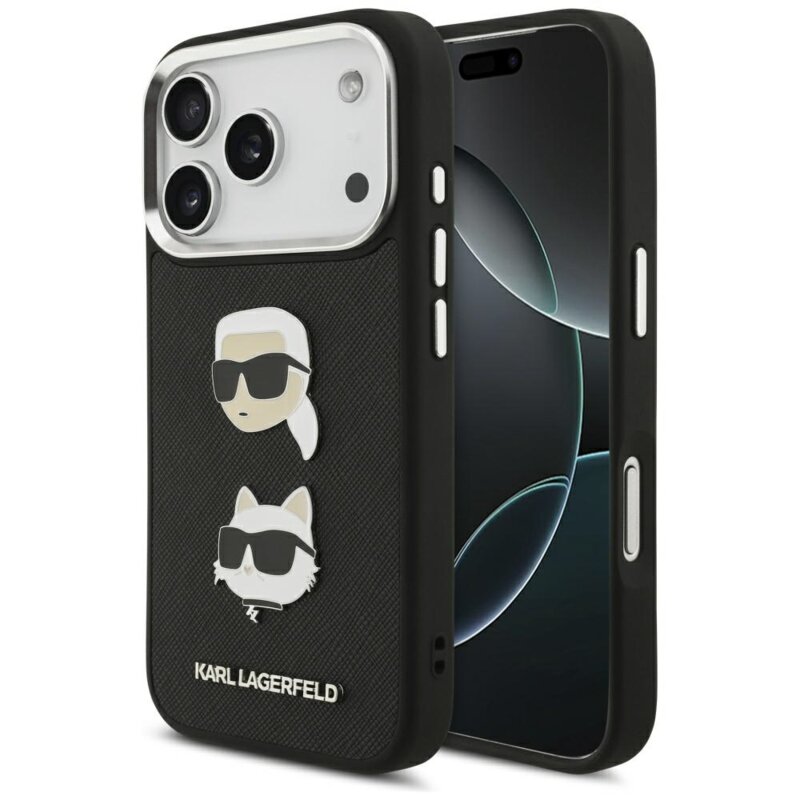 Husa iPhone 17 Pro Karl Lagerfeld Hardcase Grained K&C Heads Pins and Logo, negru, KLHCP17LPSFDHPOK
