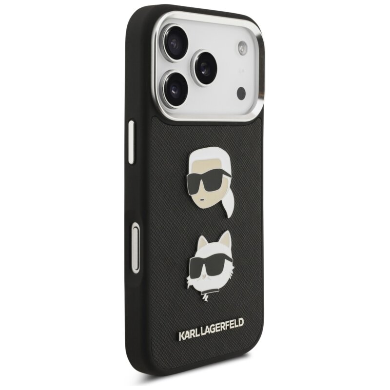 Husa iPhone 17 Pro Karl Lagerfeld Hardcase Grained K&C Heads Pins and Logo, negru, KLHCP17LPSFDHPOK