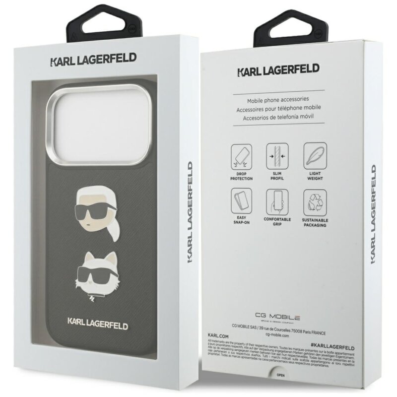 Husa iPhone 17 Pro Karl Lagerfeld Hardcase Grained K&C Heads Pins and Logo, negru, KLHCP17LPSFDHPOK