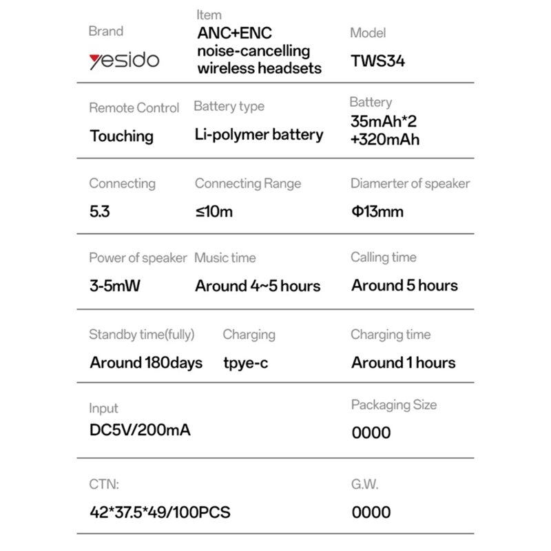 Casti Bluetooth Noise Cancelling, touch Yesido TWS34, 320mAh, alb