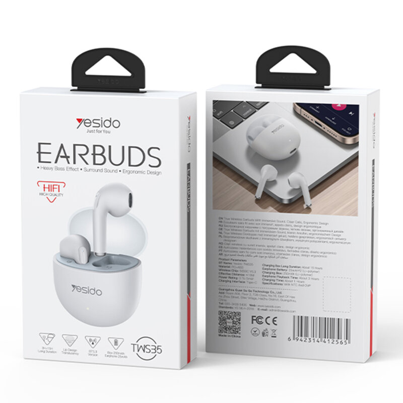 Casti Bluetooth half-in-ear cu microfon Yesido TWS35, 250mAh, alb