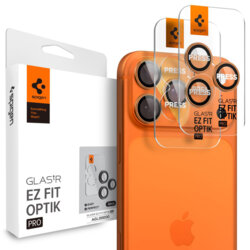 [Pachet 2x] Folie sticla camera iPhone 16 Pro Max Spigen Glas.tR Optik EZ Fit Pro, portocaliu