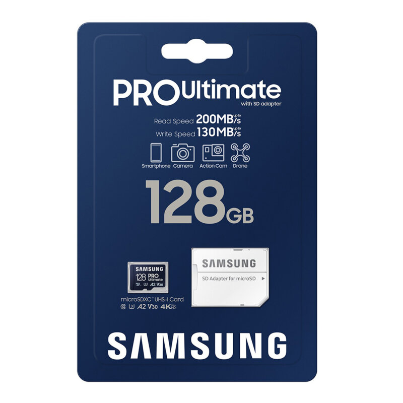 Card MicroSDXC cu adaptor 128GB Samsung PRO Ultimate, U3, alb/bleu, MB-MY128SA/WW