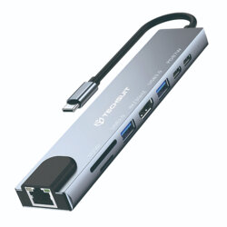 Hub Type-C la 2x Type-C, 2x USB, HDMI, RJ45, TF/SD, PD87W Techsuit H2