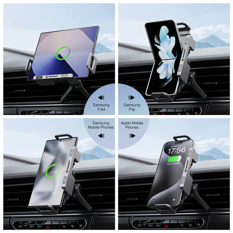 Suport auto tableta/telefon cu incarcare wireless premium 15W, grila ventilatie, rotatie 90°, Techsuit ModoDock SW1