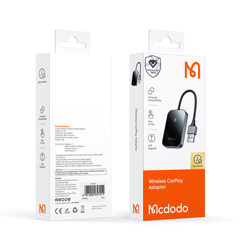 Adaptor CarPlay wireless, USB, Bluetooth Mcdodo, negru, CA-7210