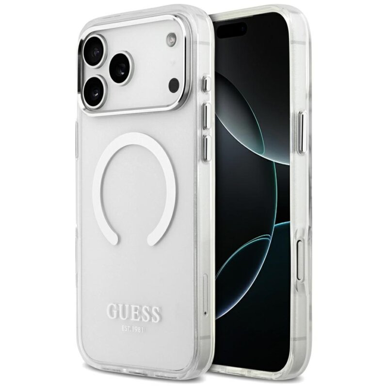 Husa originala Guess iPhone 17 Pro Max Metal Outline MagSafe, argintiu, GUHMP17XHTRMS