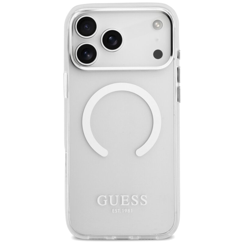 Husa originala Guess iPhone 17 Pro Max Metal Outline MagSafe, argintiu, GUHMP17XHTRMS
