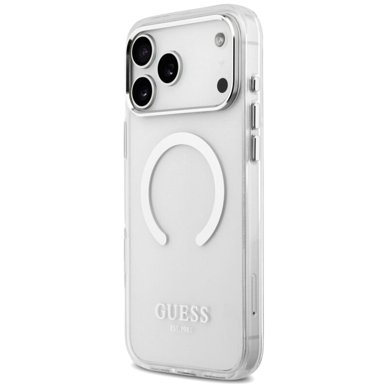 Husa originala Guess iPhone 17 Pro Max Metal Outline MagSafe, argintiu, GUHMP17XHTRMS