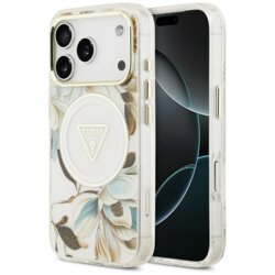 Husa iPhone 17 Pro originala Guess IML Metal Glitter Flowers Triangle MagSafe, alb, GUHMP17LHFLPEDH