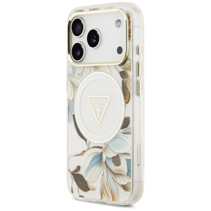 Husa iPhone 17 Pro originala Guess IML Metal Glitter Flowers Triangle MagSafe, alb, GUHMP17LHFLPEDH
