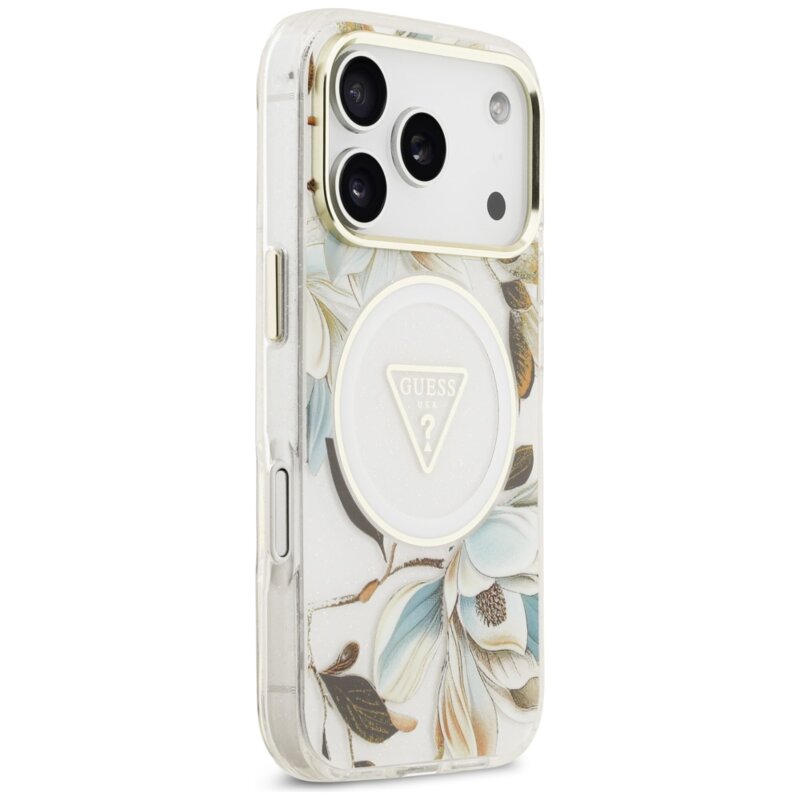 Husa iPhone 17 Pro Max originala Guess IML Metal Glitter Flowers Triangle MagSafe, alb, GUHMP17XHFLPEDH