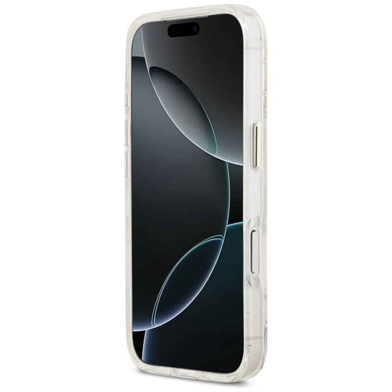 Husa iPhone 17 Pro Max originala Guess IML Metal Glitter Flowers Triangle MagSafe, alb, GUHMP17XHFLPEDH