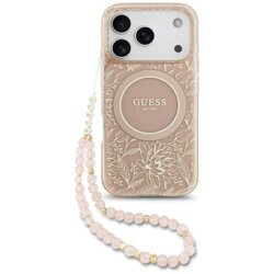 Husa iPhone 17 Pro originala Guess IML Flowers Allover Electroplated with Pearl Strap MagSafe, roz, GUHMP17LHCPOFPP